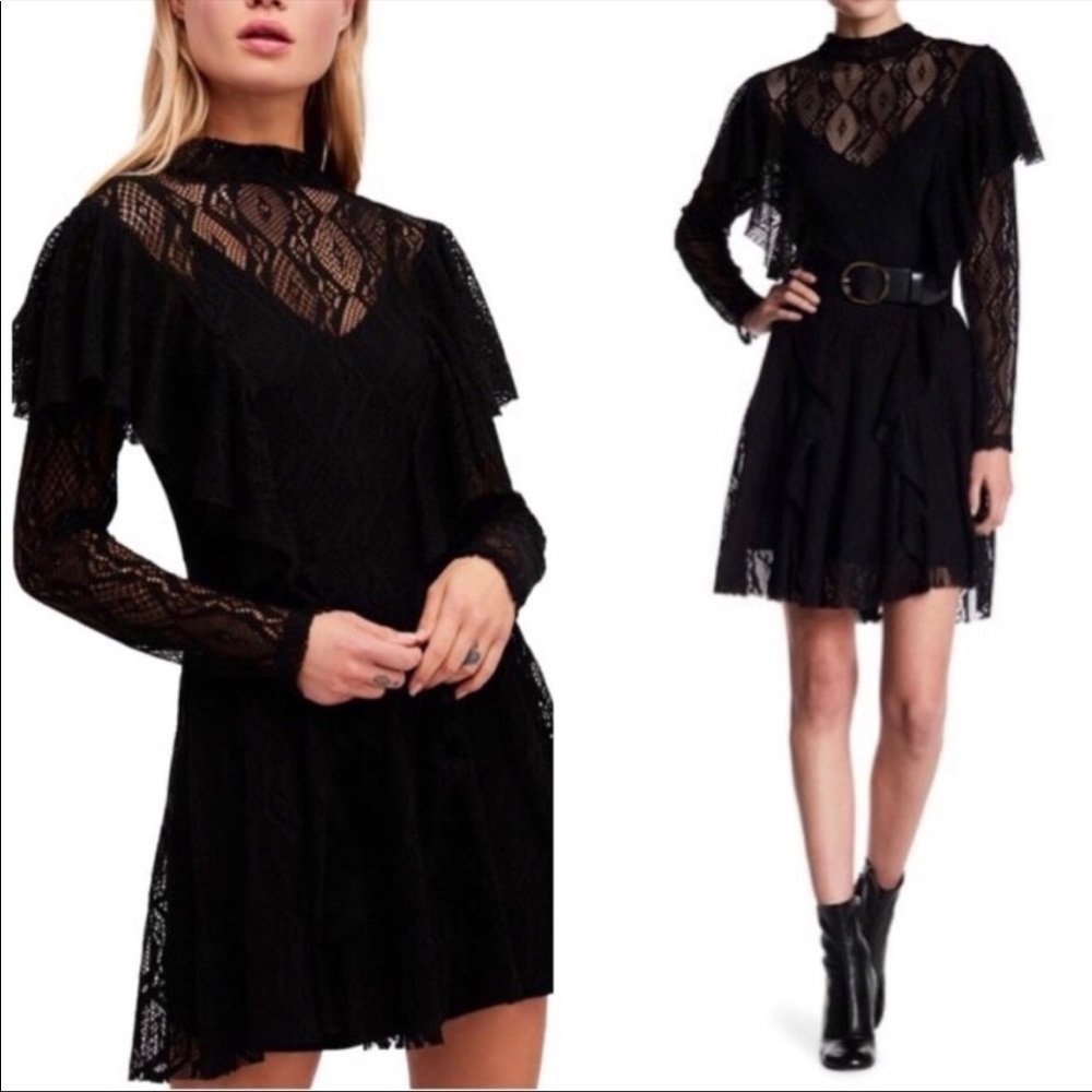 Free People Rock Candy Long Sleeve Lace Dress In Black Size Small